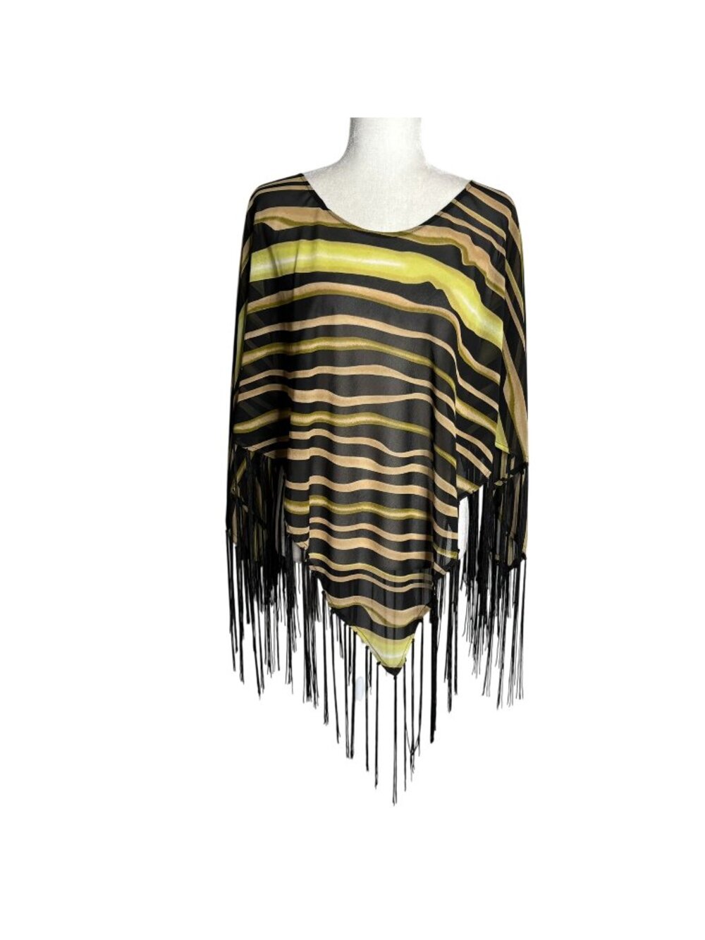 Zero Zero Sheer Poncho Blouse Fringe Hem XL Black Beige Striped Triangle Top